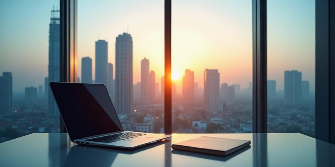 Modern Delhi Skyline through a high-tech glass office window